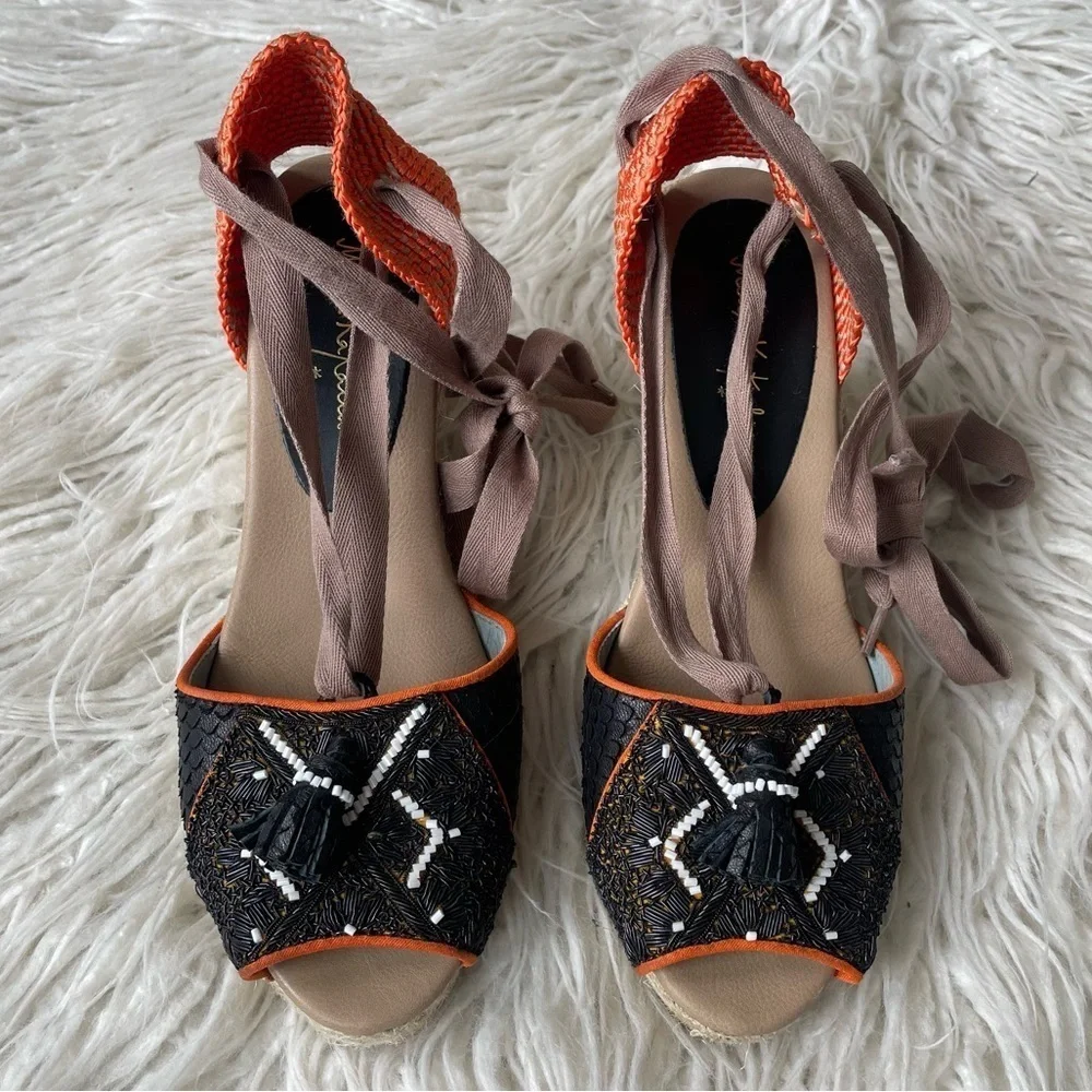 Anthropologie Meher Kakalia Beaded Queen Yuca Wedge Espadrille Sandals EUC Sz 38